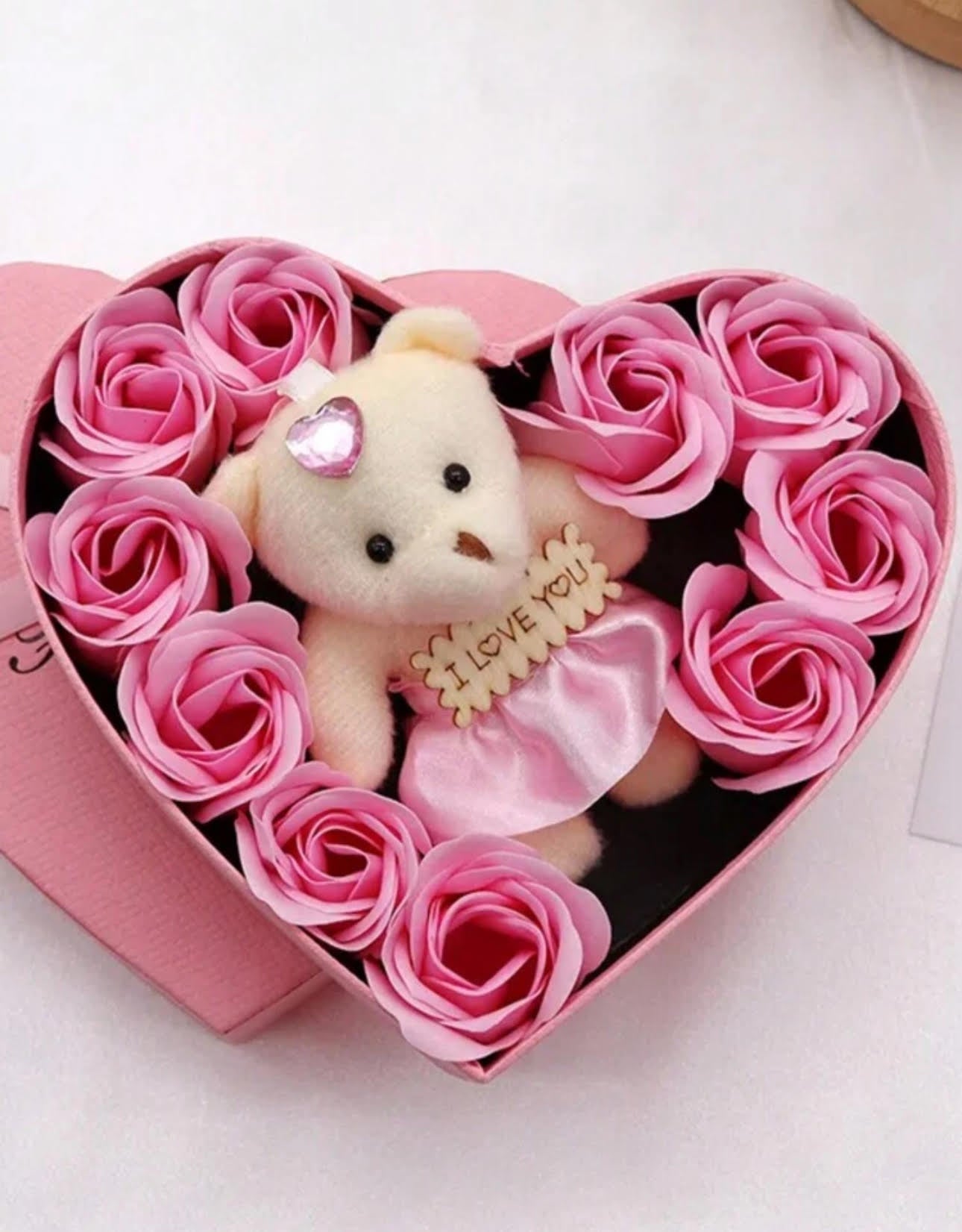 Red/Pink Artificial Flowers & 1 pc Bear with Heart-Shaped Storage Box !Valentine's day Gift !