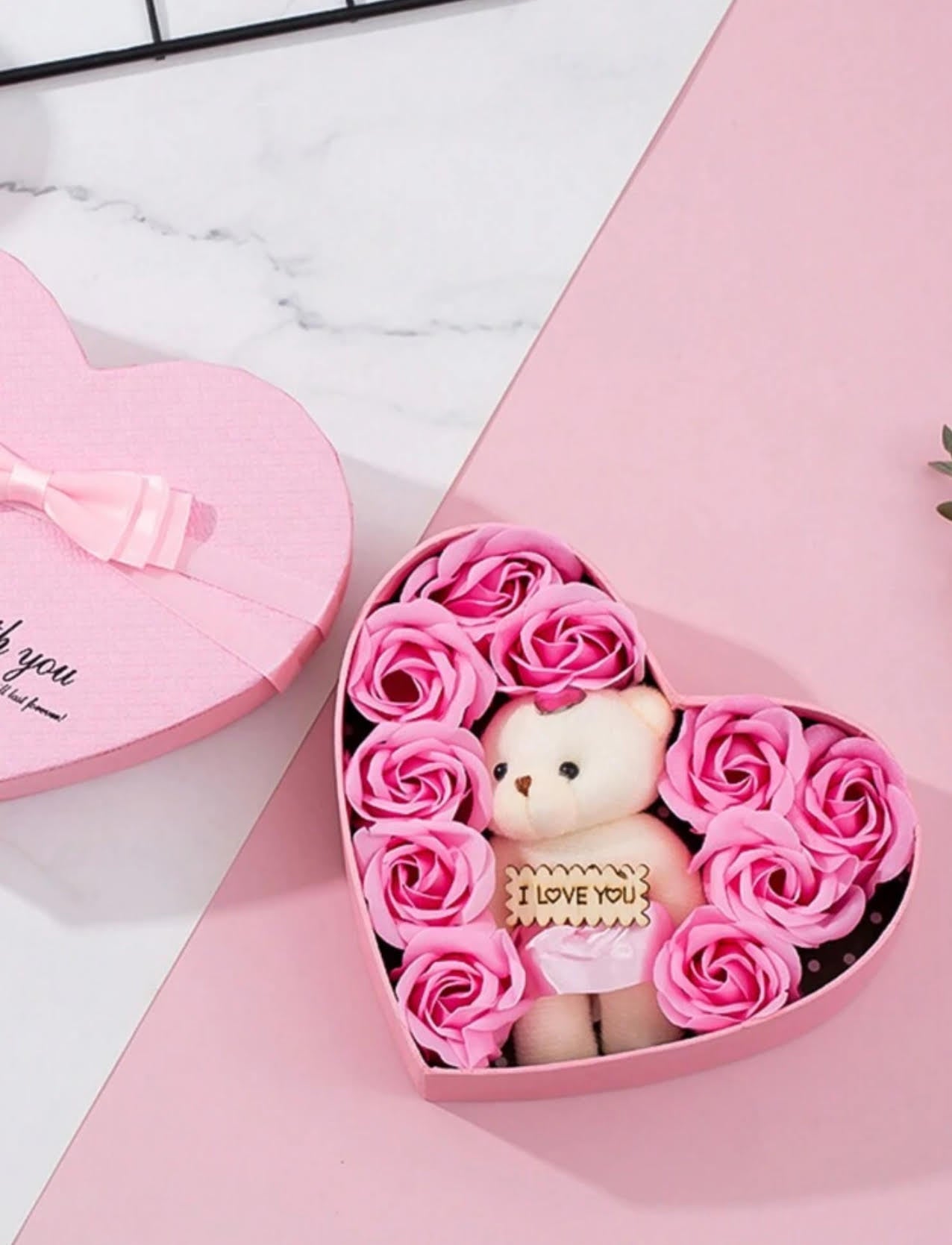 Red/Pink Artificial Flowers & 1 pc Bear with Heart-Shaped Storage Box !Valentine's day Gift !