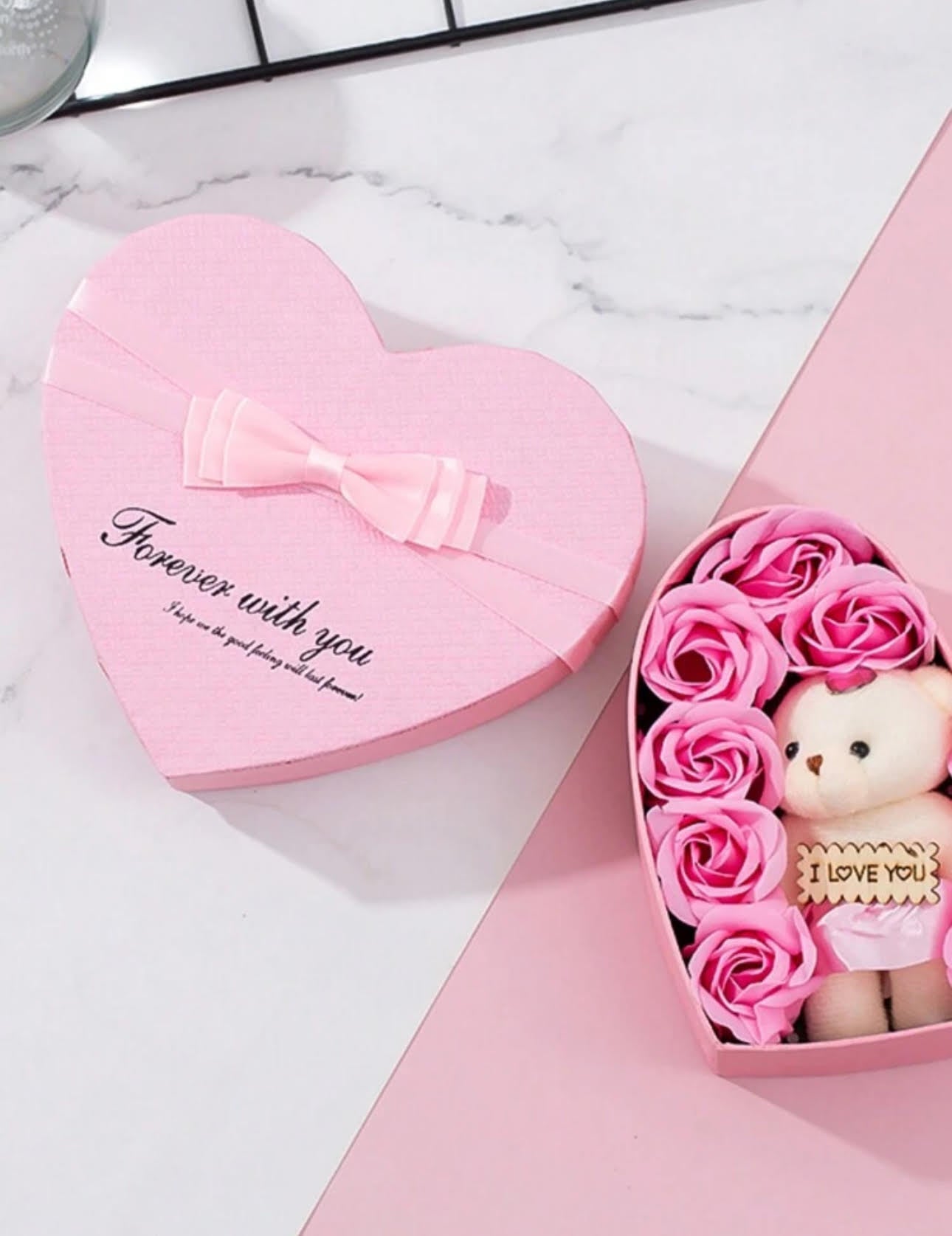 Red/Pink Artificial Flowers & 1 pc Bear with Heart-Shaped Storage Box !Valentine's day Gift !