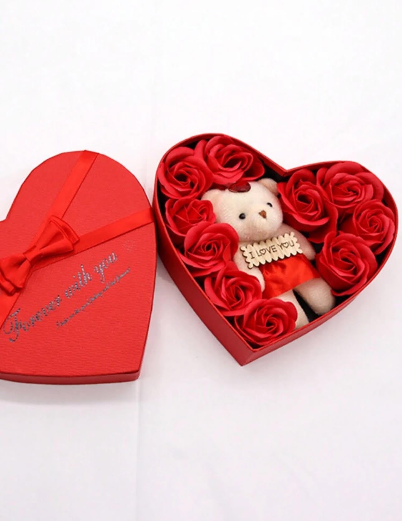 Red/Pink Artificial Flowers & 1 pc Bear with Heart-Shaped Storage Box !Valentine's day Gift !