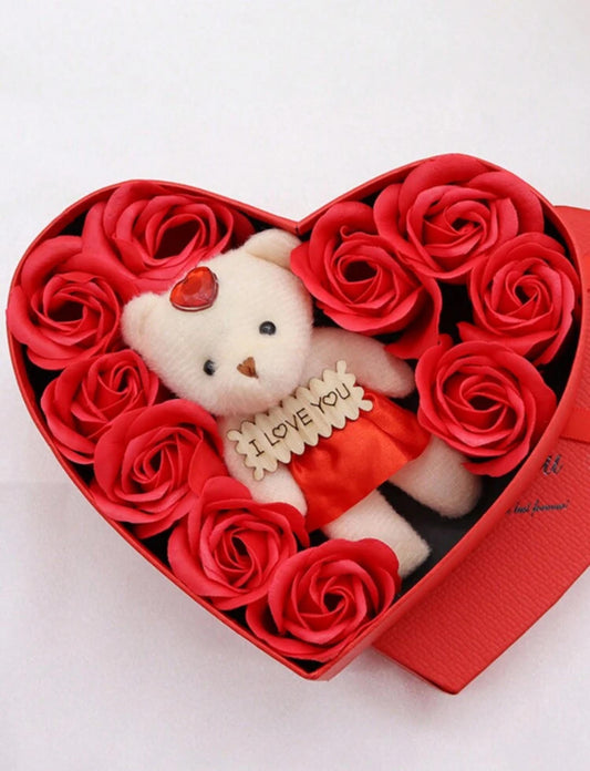 Red/Pink Artificial Flowers & 1 pc Bear with Heart-Shaped Storage Box !Valentine's day Gift !