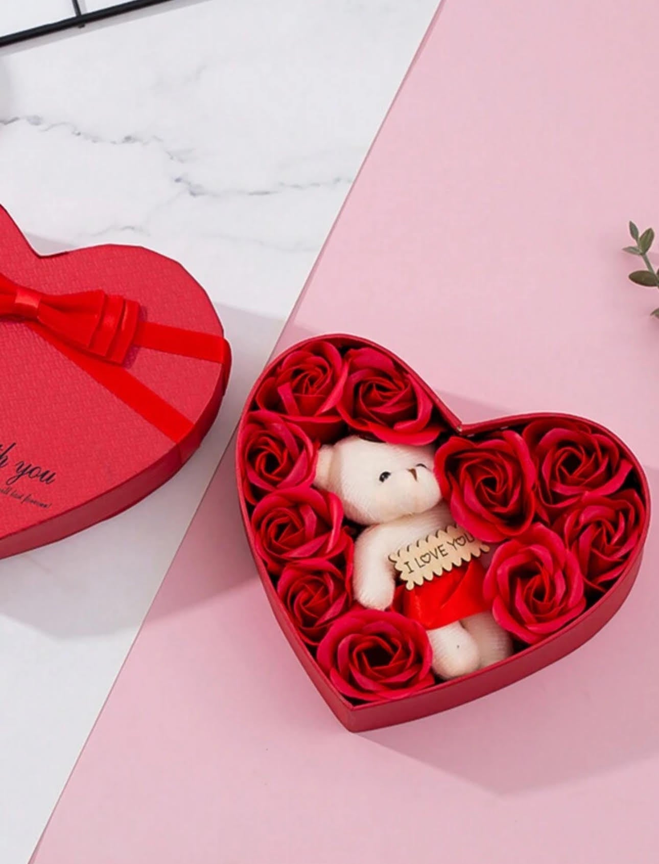 Red/Pink Artificial Flowers & 1 pc Bear with Heart-Shaped Storage Box !Valentine's day Gift !